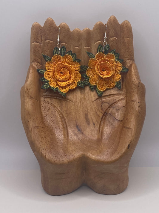 Orange Embroidered Flower Earrings