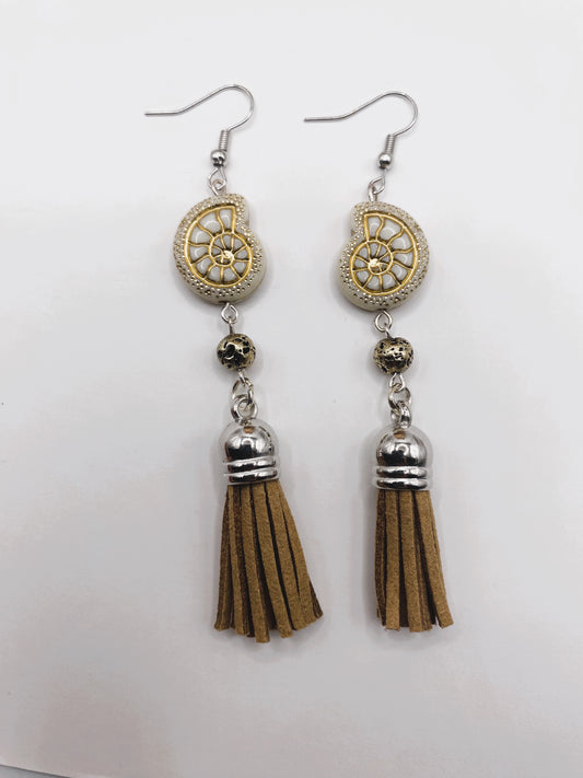 Gold Shell Tassel Earrings - Brown