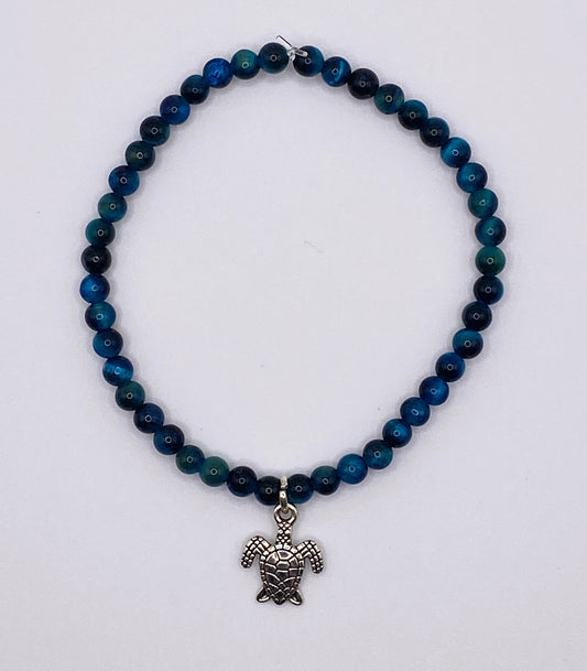 Blue Tiger Eye Stone Beads with Silver Sea Turtle Charm Bracelet