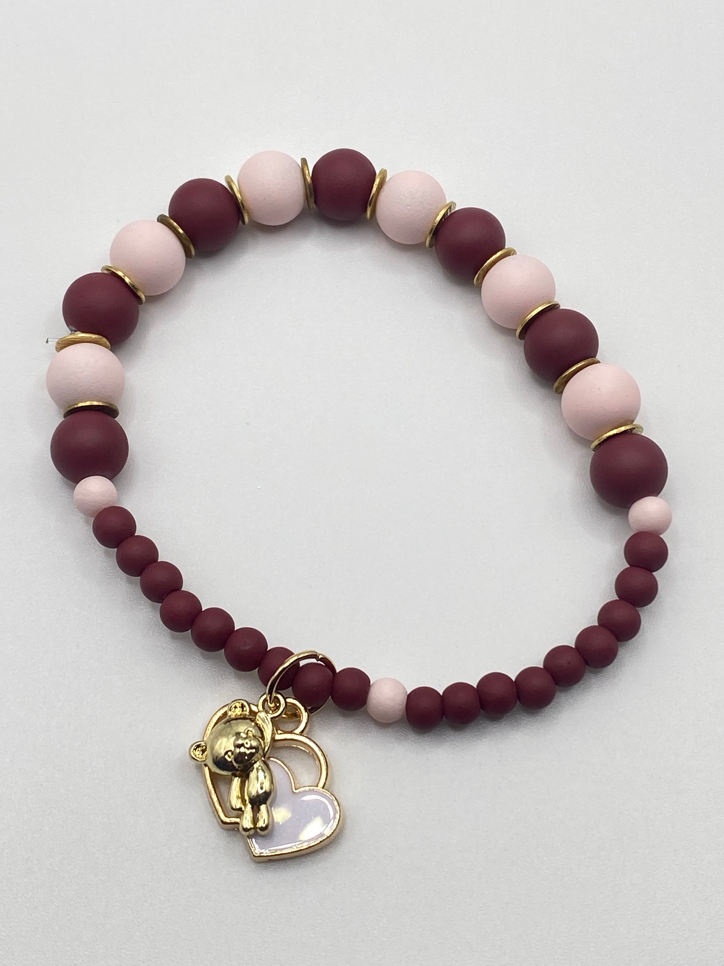 Maroon & Pink Bracelet with Bear Charm