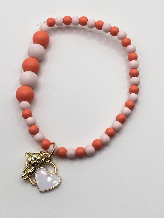 Pink & Coral Bracelet with Bear Charm