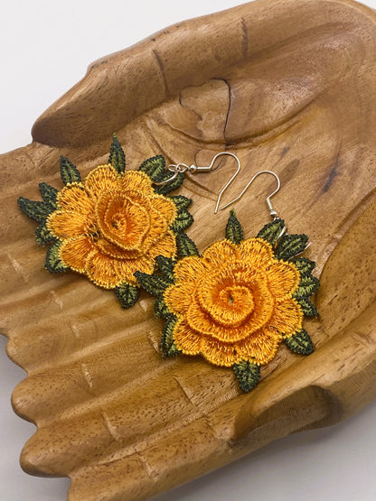 Orange Embroidered Flower Earrings