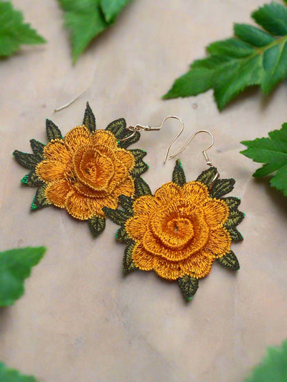 Orange Embroidered Flower Earrings
