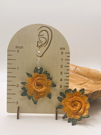 Orange Embroidered Flower Earrings
