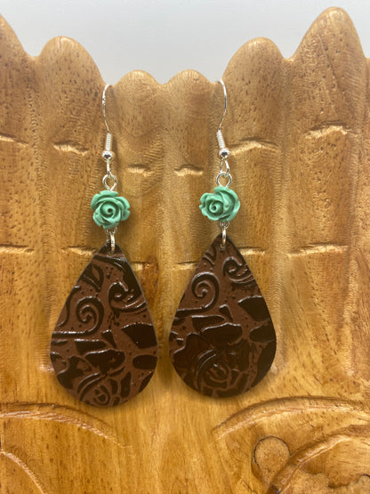 Turquoise Rose & Leather Earrings