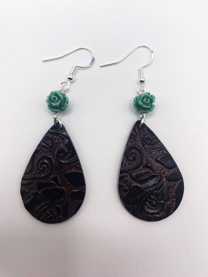 Turquoise Rose & Leather Earrings