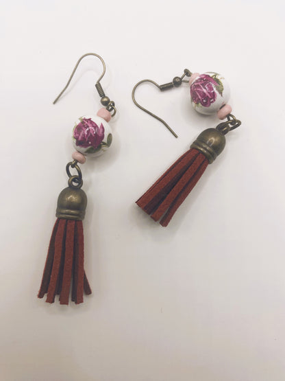 Rose & Tassel Earrings - Maroon