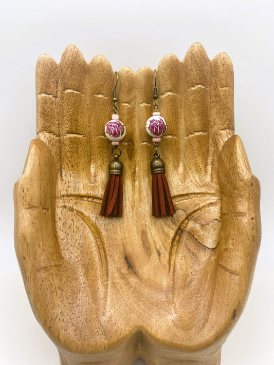 Rose & Tassel Earrings - Maroon