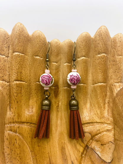 Rose & Tassel Earrings - Maroon