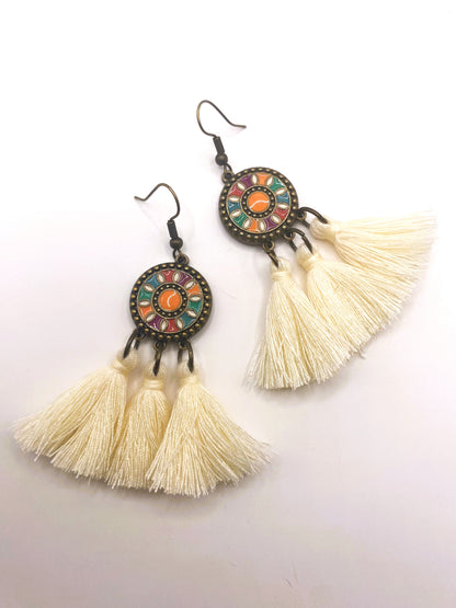 Off White Tassel Boho Earrings