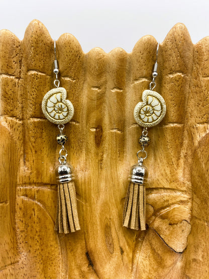 Gold Shell Tassel Earrings - Brown