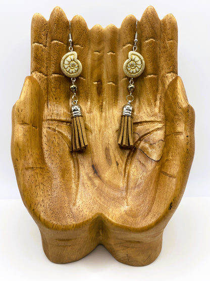 Gold Shell Tassel Earrings - Brown