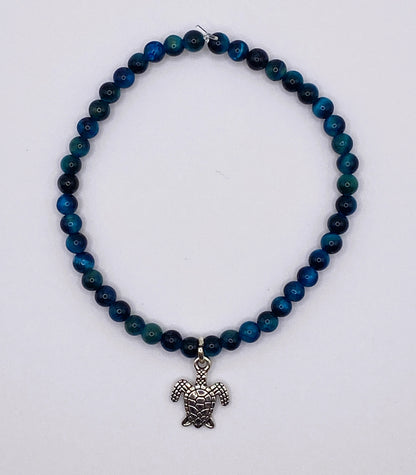 Blue Tiger Eye Stone Beads with Silver Sea Turtle Charm Bracelet