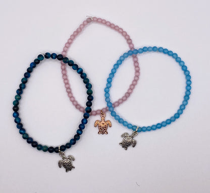 Lake Blue Cat's Eye Stone Beads with Silver Sea Turtle Charm Bracelet