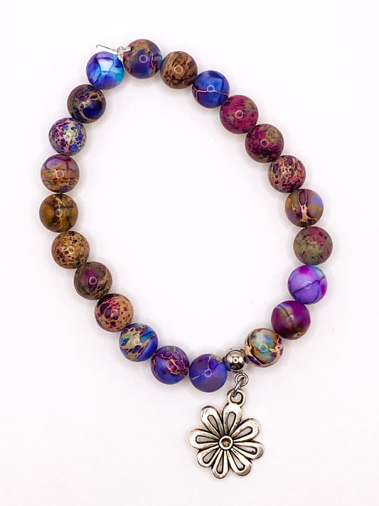 Purple Tie Dye Bracelet with Flower Charm