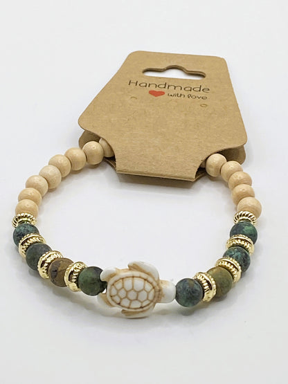 Sea Turtle & Wooden Bead Bracelet