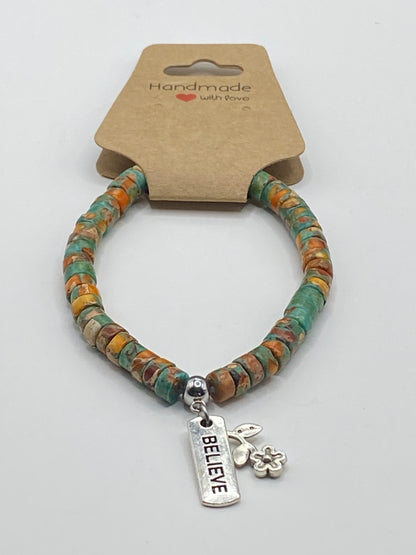 Turquoise and Orange Natural Stone Bracelet with Charm