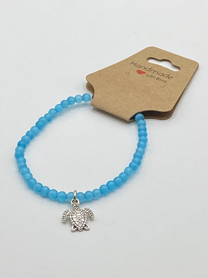 Lake Blue Cat's Eye Stone Beads with Silver Sea Turtle Charm Bracelet