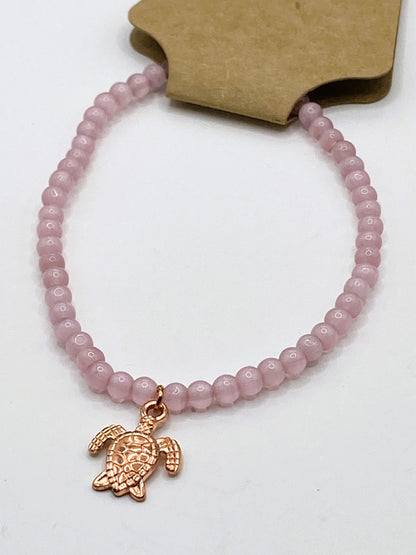 Pink Cat's Eye Beads with Rose Gold Sea Turtle Charm Bracelet