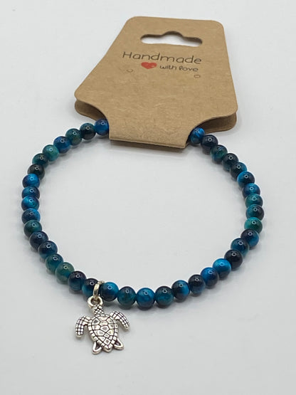 Blue Tiger Eye Stone Beads with Silver Sea Turtle Charm Bracelet