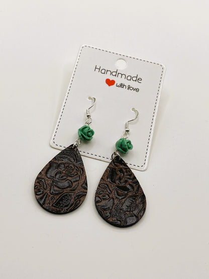 Turquoise Rose & Leather Earrings