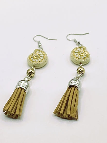 Gold Shell Tassel Earrings - Brown
