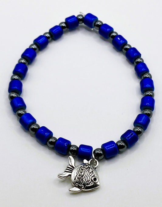 Blue & Black Bracelet with Fish Charm
