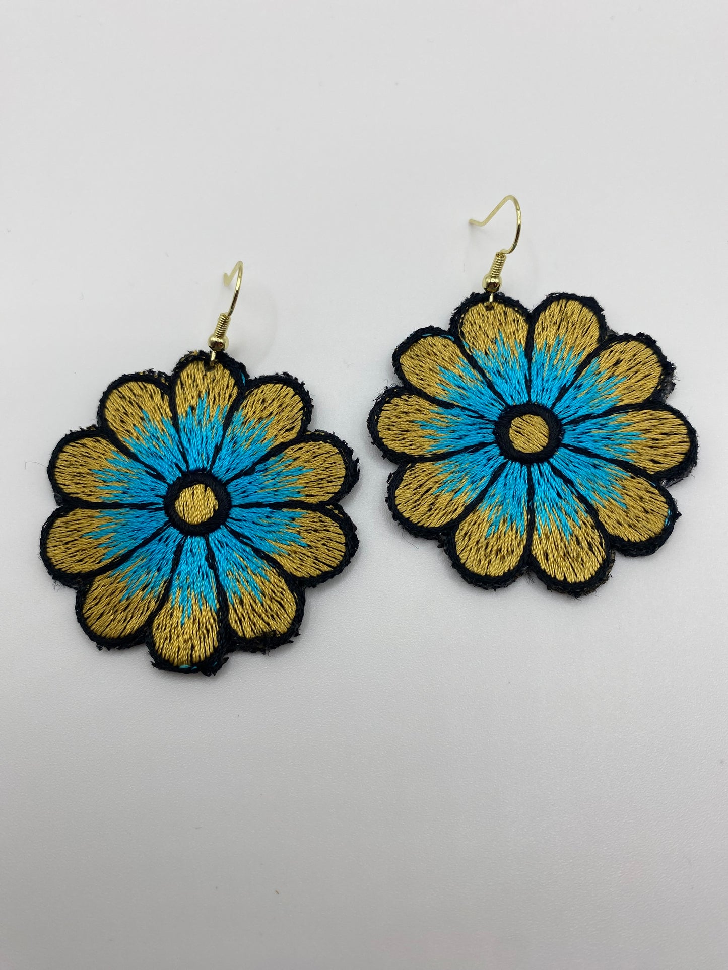 Blue & Gold Embroidered Flower Earrings