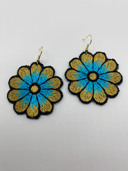 Blue & Gold Embroidered Flower Earrings