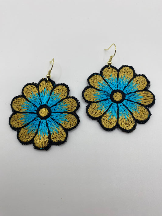 Blue & Gold Embroidered Flower Earrings