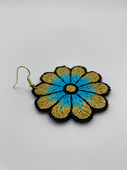 Blue & Gold Embroidered Flower Earrings