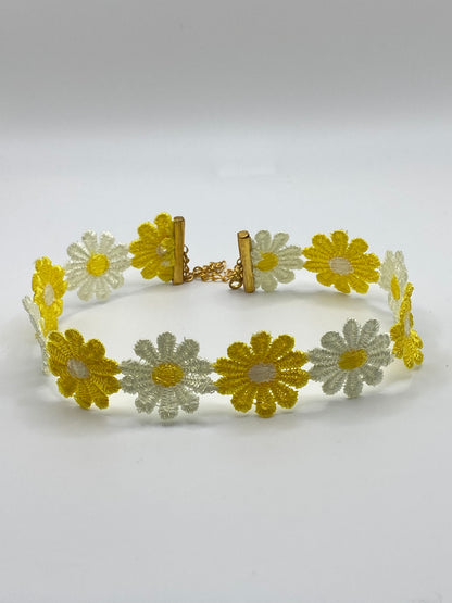 Yellow & White Embroidered Flower Choker